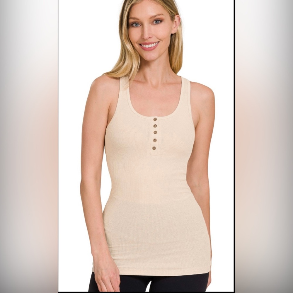 Alona Sand Soft Ribbed Cotton Knit Henley Tank Top